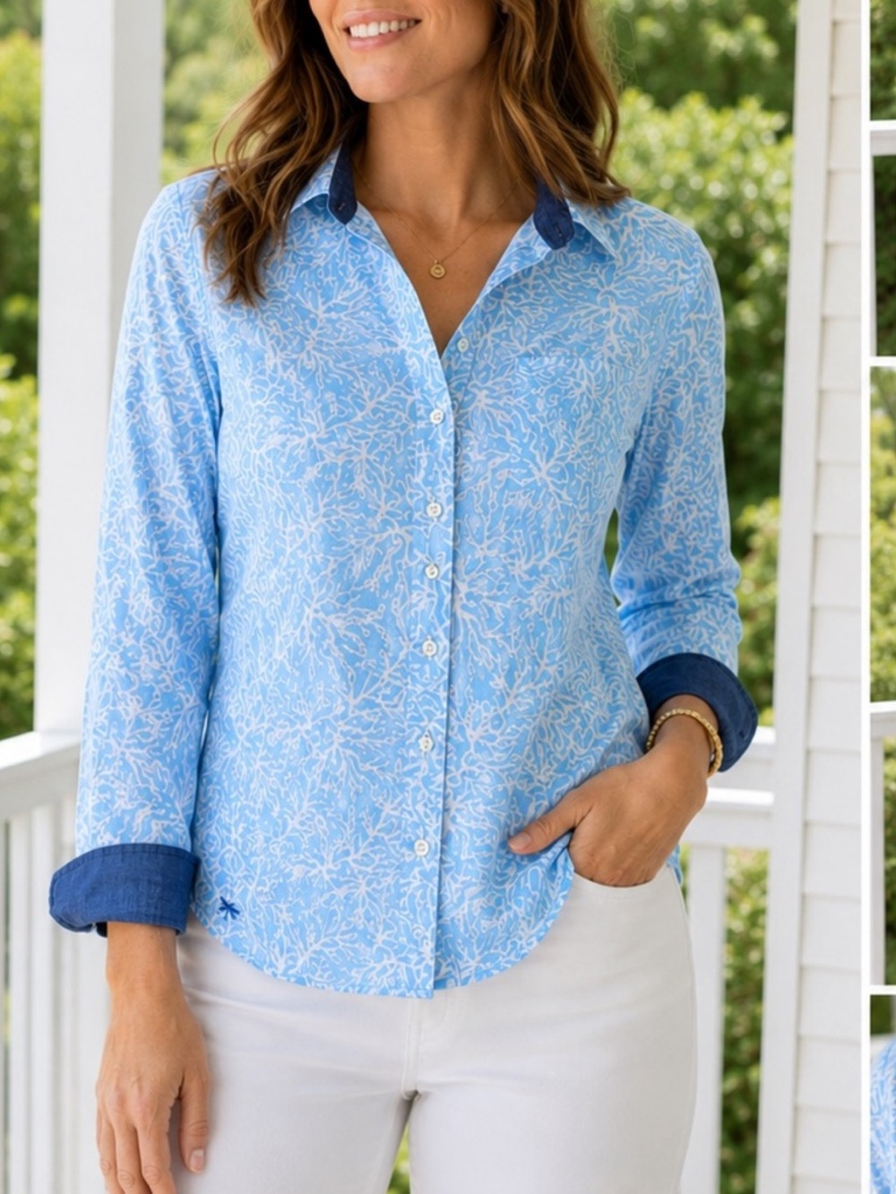 Talbots Blue Coral Print Button Down Shirt LP Petite Semi Fitted Coastal Cotton